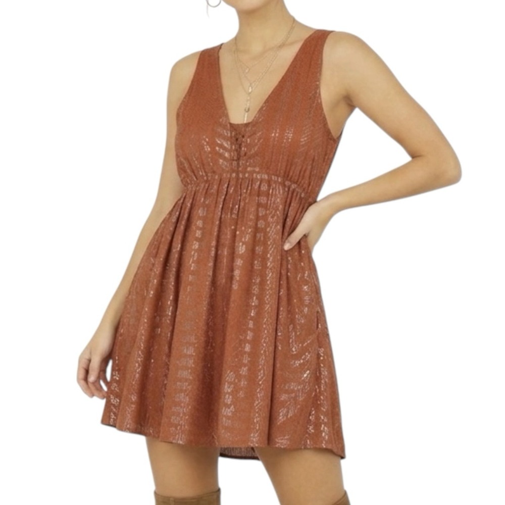 SHYANNE Babydoll Mini Dress XS Rust Lurex V Neck Boho Western Festival Resort